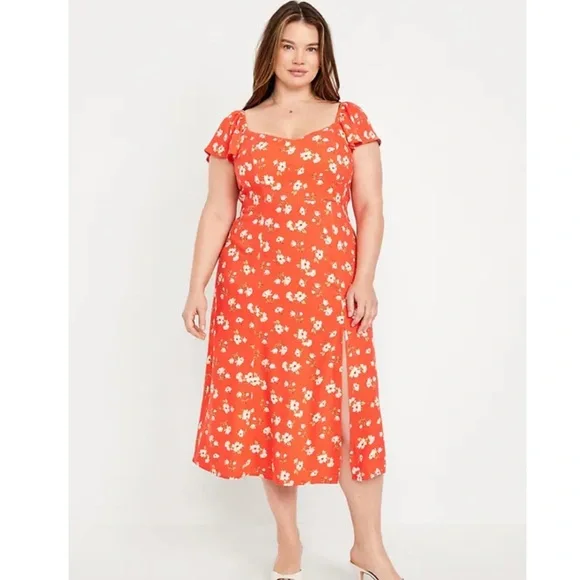 Flutter-Sleeve Crepe Midi Dress, blue with white floral, size XL NWT - Picture 8 of 10